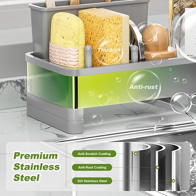 Ewaiira Stainless Steel Sink Caddy, Sponge Holder for Kitchen Sink with Brush Holder & Dishcloth Rack, Rustproof Sink Organizer Countertop, Soap Dispenser Kitchen Organizers Storage Essentials (Gray)