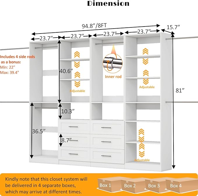 Closet System with 4 Sets, Closet Organizer Systems with 6 Drawers & 7 Hanging Rods & Adjustable Shelves, Walk in Closet Standalone Closet System Modular Closet System Set White