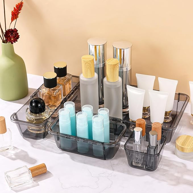 14 Pcs Clear Drawer Organizer, Adjustable Drawer Storage Box, 3-Size Desk Drawer Organizer, Acrylic Storage Bins for Makeup, Kitchen Utensils, Bedroom Dressers Tool Organizer for Gadgets, Black
