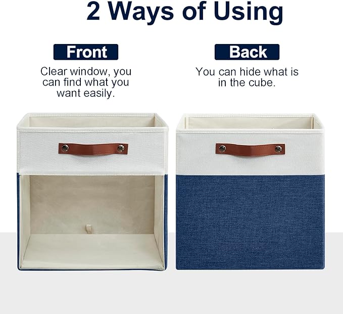 Storage Cubes, 4 Pack Linen Foldable Storage Bins (13 x 13 inch) with Clear Window and Handles, Fabric Organizer for Shelf Closet, Clothes, Books - (Navy Blue and White)