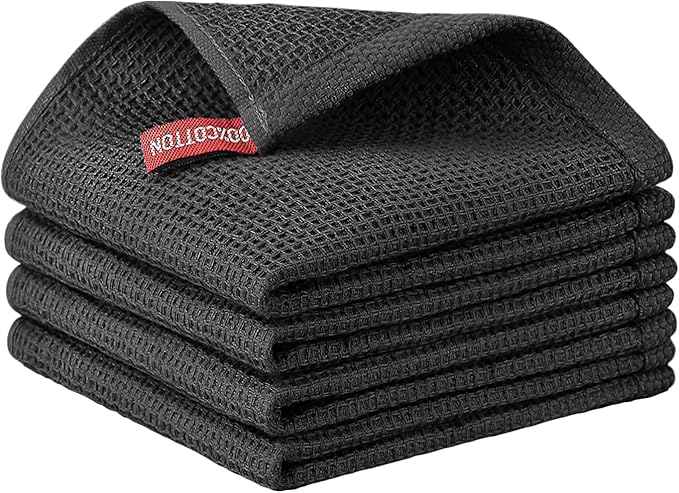 Nialnant 100% Cotton Waffle Weave Kitchen Towels,4 Pack Dish Cloths for Washing Dishes,Dish Towels,Super Soft Absorbent Cleaning Rags-Black, 12 x 12 in