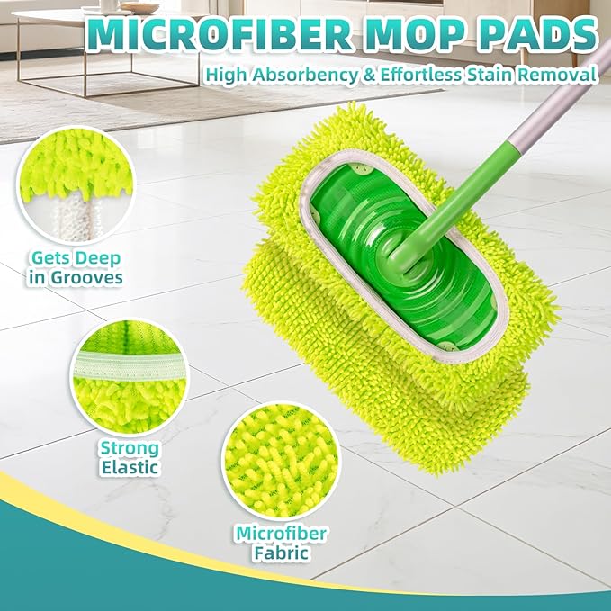 6 Pack Reusable Mop Pads Compatible with Swiffer Sweeper Mop, Washable Wet Pads Refill, Dry Sweeping Cloths, Microfiber Pads for Mopping Floors (Green, Pink)