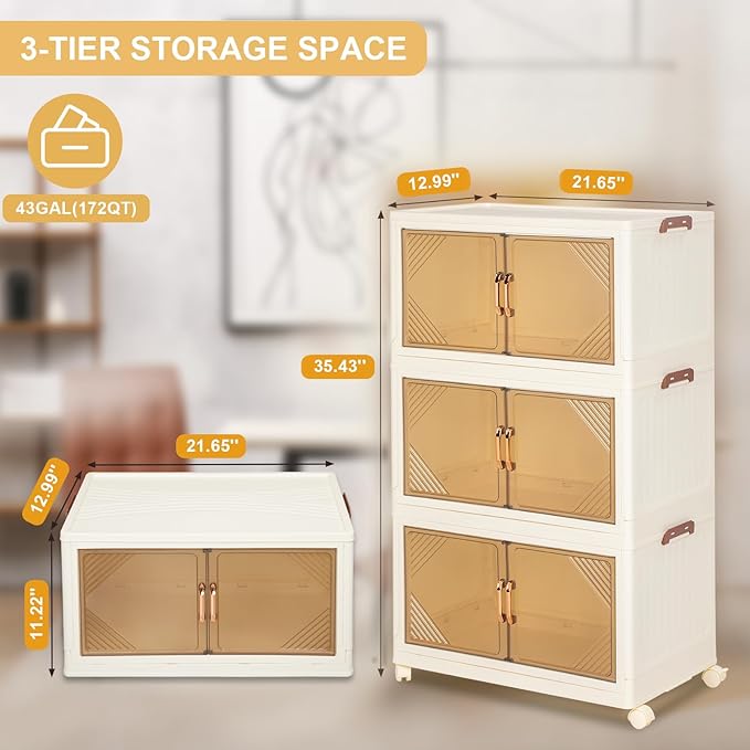 3-Tier Storage Bins with Lids, 58QT Stackable Bins with Wheels, Closet Organizer Storage, Plastic Large Collapsible Storage Containers for Home, Bedroom, Office Organization (3-Tier 58QT)
