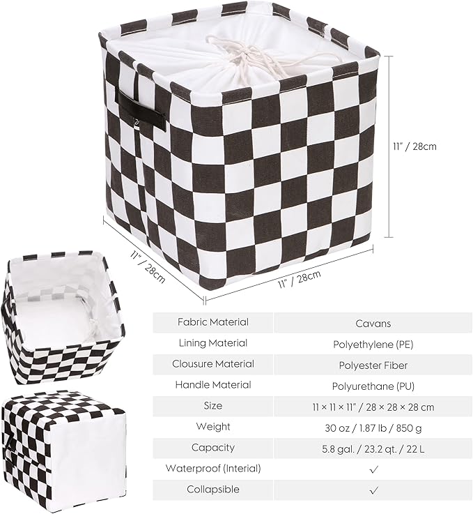 Hinwo 3-Pack Cubic Organizer Shelf Bins, Canvas Fabric Storage Baskets with Handles, 22L/5.8-Gal Square Storage Bins, Cubes, Collapsible Storage Box, 11 x 11 x 11 Inches (S, Black Checkerboard)