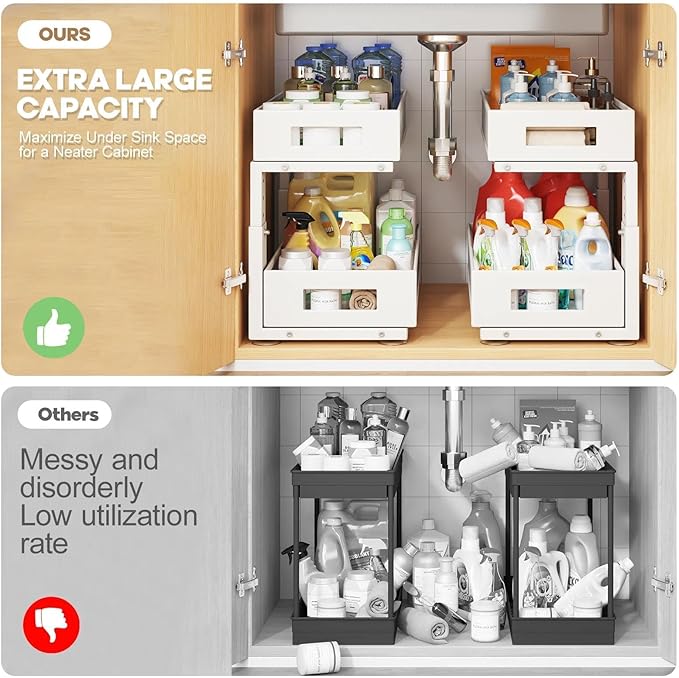 2 Packs 17IN Depth Under Sink Organizer, 2-Tier Pull Out Cabinet Organizer With Smooth Circular Rail, Large Capacity Metal Mesh Sliding Drawers For Bathroom& Kitchen Storage,Height Adjustable –White