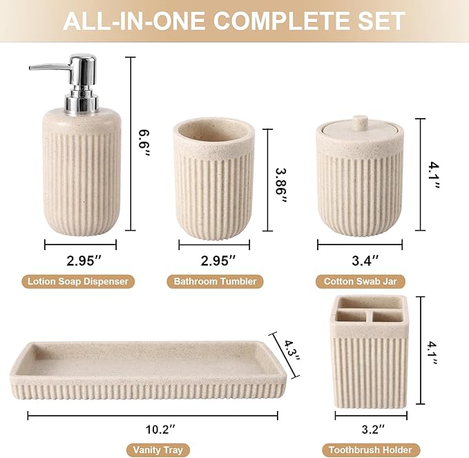 Resin Beige Bathroom Accessories Set 5 Pcs, Lotion Soap Dispenser, Toothbrush Holder, Bathroom Tumbler, Qtip Holder and Vanity Tray, Bathroom Countertop Organizer Set for Modern Home Apartment