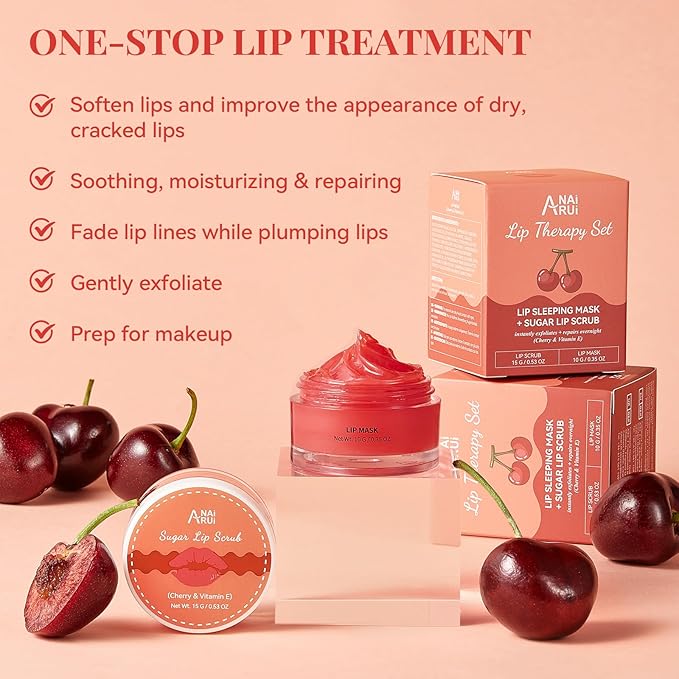 ANAI RUI Cherry Lip Scrub & Lip Mask Set, Vitamin E, Lip Scrub For Women, Lip Scrubber Exfoliator, Hydrating Lip Mask Overnight, Sugar Scrub for Dry Chapped Lips, Lip Care Set for Women