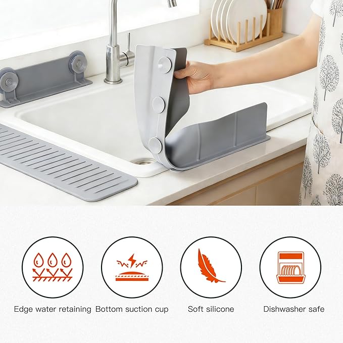 Kitchen Sink Splash Guard 23", Silicone Sink Protectors for Kitchen with High Anti-Spill Lip, Flexible Waterproof Edge Shield, Self-Draining, Easy Install & Wipe Clean, Gray