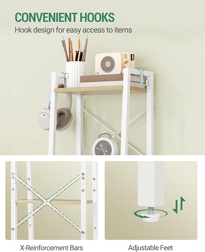 Ladder Shelf, Bookshelf Bookcase, Freestanding Corner Storage Shelve with 2 Hooks for Home Office, Living Room, Kitchen, Bedroom, Industrial, 11.8" D x 13.4" W x 47.2" H, White Oak and White