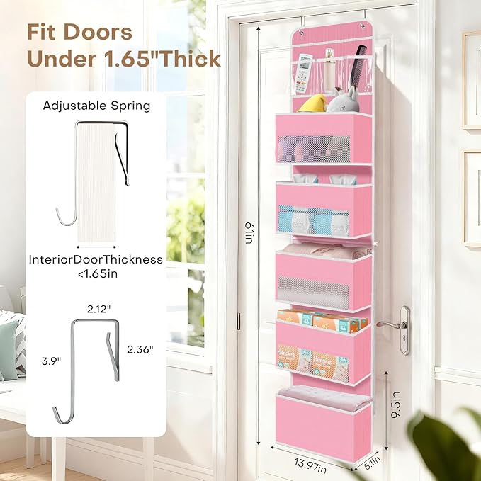 SpaceWhisper Over the Door Organizer, 6 Large Pocket Hanging Storage Organizer with 40lb Capacity, Space Saving for Nursery, Bathroom, Bedroom, Closet - Baby Essentials & Toiletry Organizer (Pink)