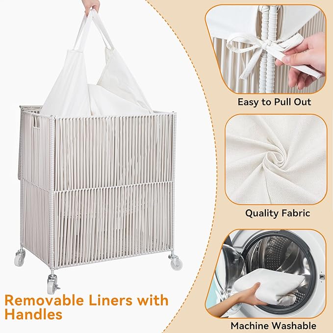 WOWLIVE Laundry Hamper with Wheels, Handwoven Rolling Laundry Basket with Lid, Clothes Hamper with Divided Removable Liner Bag, 115L Large Laundry Sorter Laundry Room Organization, Creamy White