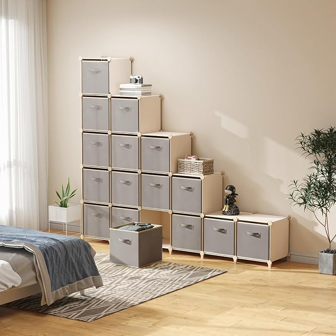 Lifewit Storage Cubes, Foldable Decorative Fabric Storage Baskets for Organizing Home Organizers with Handles for Shelves, Closet, 11 Inch Bins, 18L Light Gray, 16 Packs