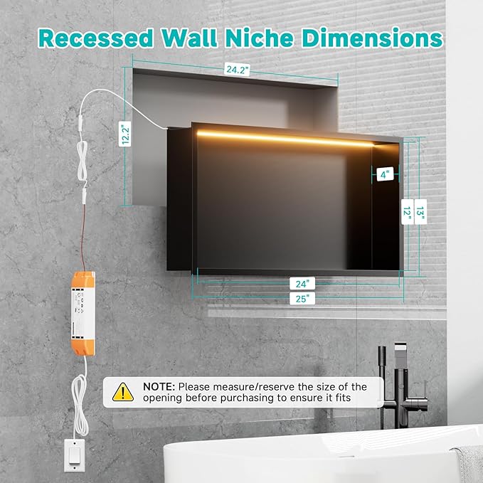 TSIBOMU Stainless Steel 12"x24" LED Lights Shower Niche - No Tile Needed Recessed Wall Niche Waterproof for Walk in Shower Bathroom Storage, Matte Black