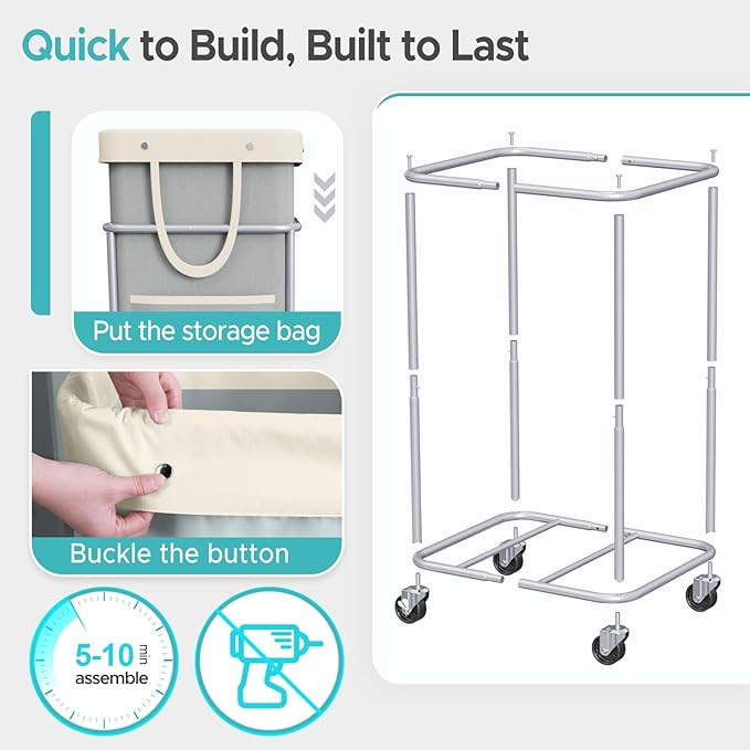 JYPS Laundry Basket With Wheels, 150L Large Rolling Hamper W/Metal Frame & Removable Bag, Waterproof Oxford Fabric, 2 Side Bags, Dirty Clothes Storage Cart For Laundry Room, Dorm, Bedroom, Bathroom