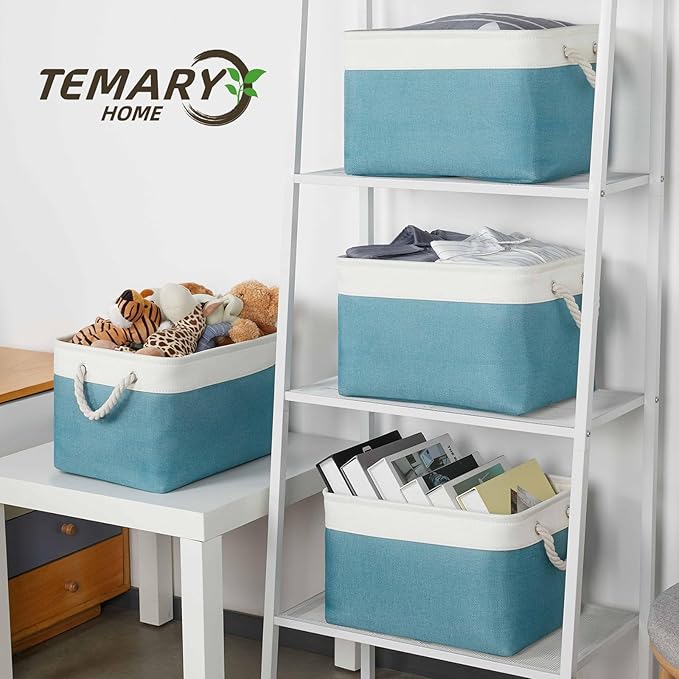 Temary Fabric Storage Baskets 4Pack Storage Bins Decorative Basket for Gift, Clothes Bin with Rope Handle, Rectangle Baskets for Storage, Blankets(White&Teal,15x11x9.5 inch)