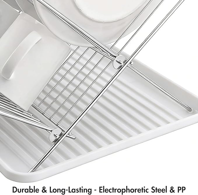 Youeon Foldable Dish Drying Rack with Drip Tray, Stainless Steel 2 Tier Dish Drainer Rack, Collapsible Dish Drainer, Folding Dish Rack for Kitchen Sink, Countertop, Cutlery, Plates, Dishes