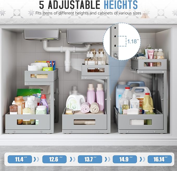 2-Pack Under Sink Storage Organizer, Large 2-Tier Elegant Mesh Pull Out Shelf for Kitchen and Bathroom Cabinet Organization, L-Shaped and Adjustable Height Design-Gun Gray