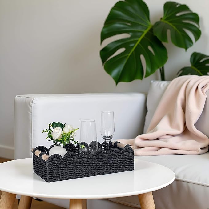 CubesLand Toilet Paper Storage Basket Scalloped Edge Home Decor Basket, Living Room Cozy Decor, Paper Rope Small Baskets for Over Toilet Storage Shelf, End Table, Shelves, with 2 Wooden Handles, Black