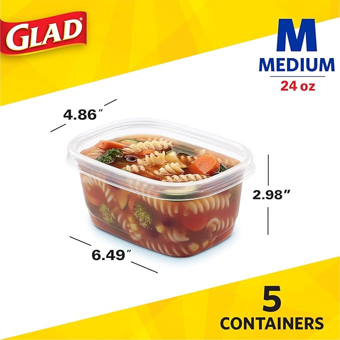 Glad GladWare Medium Rectangle Food Storage Containers with Lids, Airtight Leak-Resistant Plastic Containers for Soup Salad Meal Prep, Microwave Dishwasher Freezer Safe, 24 Oz, 5 Count - 6 Pack