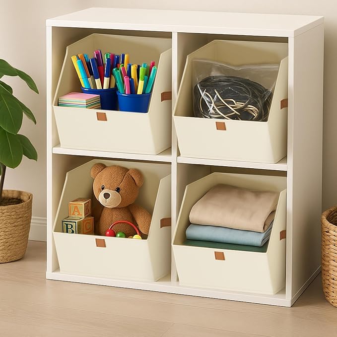 Fabric Closet Storage Cubes - 6 Pack Square Storage Bins with Dual Handles for Clothes, Towels, Toys, Cube Storage Organizers for Bedroom, Nursery, Shelves, Closet, Small Spaces, Beige