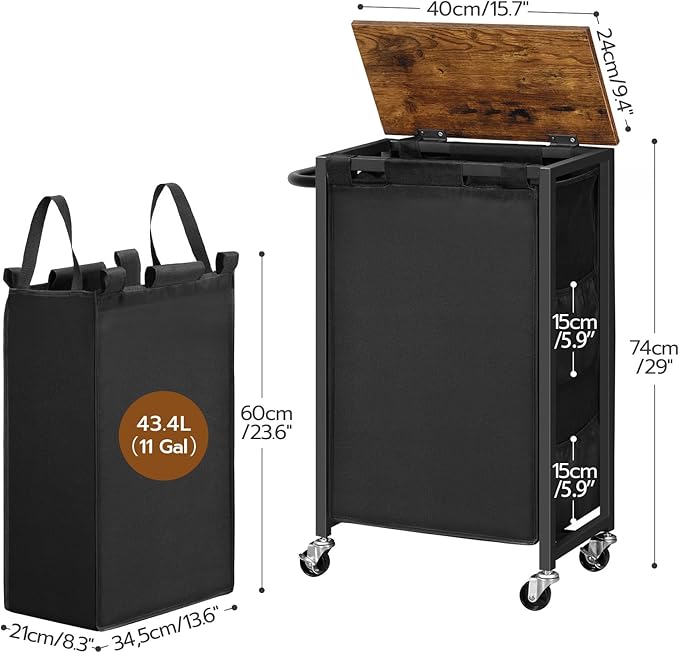 HOOBRO Slim Laundry Hamper with Lid, 11Gal Rolling Laundry Basket with Wheels, Laundry Sorter with Side Pockets and Handle, Oxford Fabric Bag, Space-Saving, Rustic Brown and Black BF24XY01G2