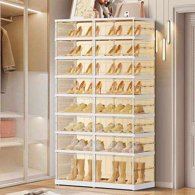 EHAMILY 8 Tiers 16-32 Pairs Foldable Shoe Rack for Closet Plastic Stackable Shoe Boxes for Garage Collapsible Shoes Shelf with Doors Storage Organizer Cabinet Quick Assembly,Brown