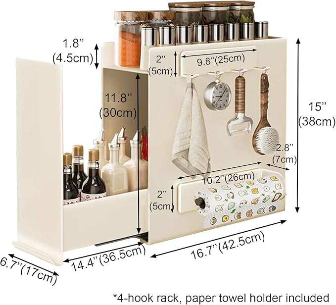 2 Tier No Assembly Pull Out Spice Rack Countertop, Sliding Drawer Seasoning Condiments for Tall Bottles, Steel Kitchen Countertop Organizer with Magnetic Panels with Paper Towel Holder and 4 Hooks