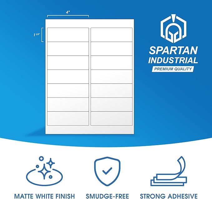 4" X 1 1/3" Matte White Printable Labels for Inkjet and Laser Printers - 30 Sheets, 420 Address, Mailing, Shipping Labels for File Folders and Organization - Spartan Industrial Template R018