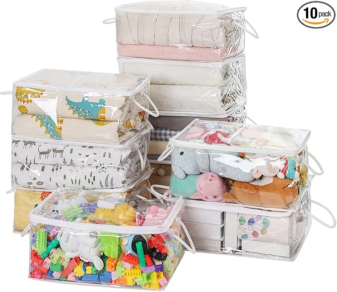 10 PCS Clear Zippered Storage Bags with Handle,Sweater Storage with Zipper,Foldable Closet Organizer Bed Sheet Organizer,Cube Plastic Organizer,Bag,Bin for Clothes,Towel-15.7 * 11.8 * 7.9