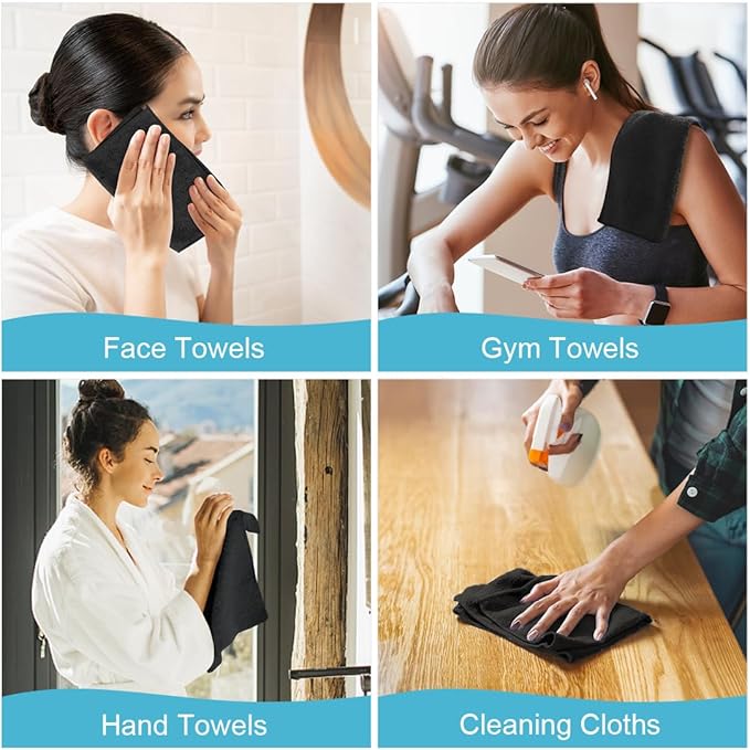 Orighty Washcloths Towels Set 10 Pack, Highly Absorbent and Soft Feel Microfiber Face Cloths, Multi-Purpose Wash Cloths & Hand Towels for Bathroom, Hotel, Spa, and Gym, 11.5x11.5 Inch, Black