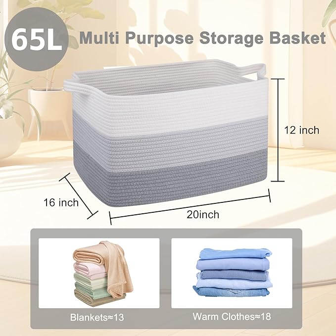 OIAHOMY Large Storage Basket, Cotton Rope Woven Blanket Basket, Toy Bin for Baby Room, Container for Blanket Storage in Living Room, 20''×16''×12'', Gradient Grey