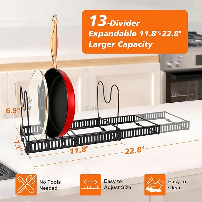 Pot and Pan Organizer Rack for Under-Cabinet Storage - Adjustable Kitchen Cabinet Organizer with 13 Dividers, Expandable Cutting Board Holder & 6 Non-Slip Silicone Pads-Black