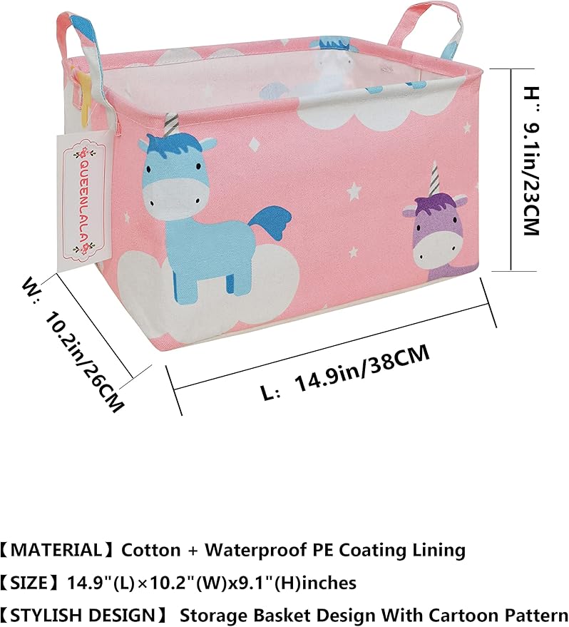QUEENLALA Rectangular Laundry Hamper/Foldable Nursery Laundry Basket for Organizing/Storage Bin Baskets/Children Toy Office Bedroom/Toy Bin Closet Shelf Baskets（Rec-Unicorn）