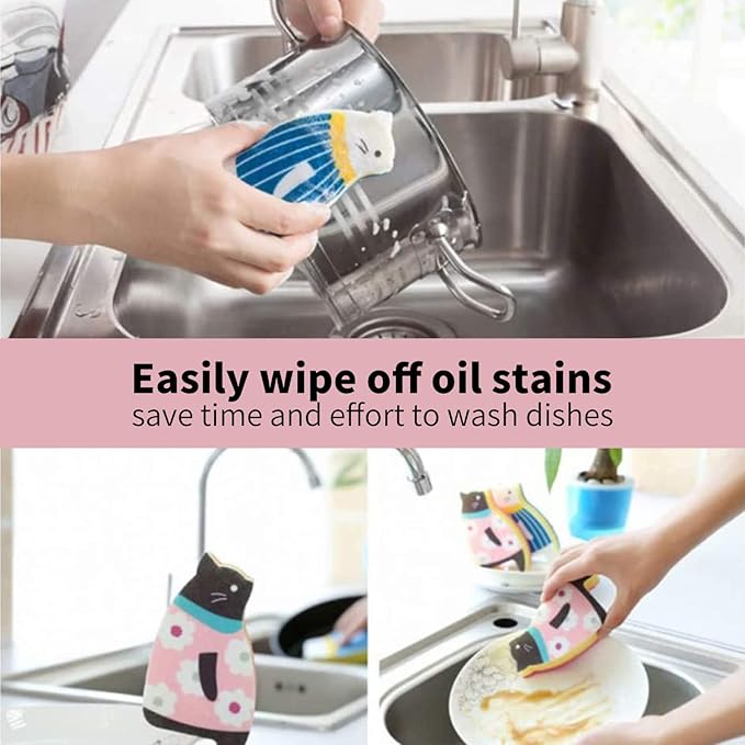 Kitchen Sponges Reusable, Dish Sponge for Washing Dishes, Compostable Sponges for Cleaning Dishwashing, Natural Wood Pulp Scouring Pad, Household Cellulose Scrub Sponge Heavy Duty,3pack (cat sponge-5)