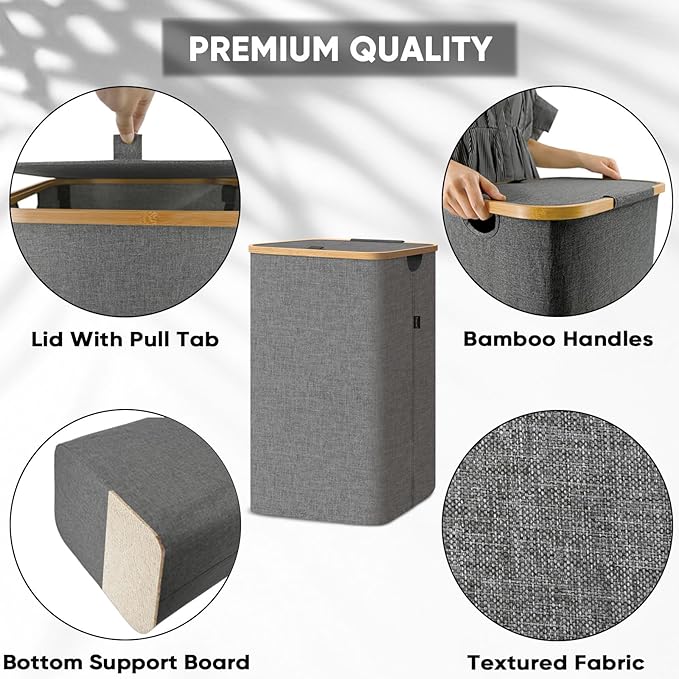 BALEINE Laundry Hamper with Lid, Tall Laundry Baskets with Bamboo Pull Handles, Large Laundry Bin with Internal Support (26 Gal/100L, Beige) (Pack of 2)