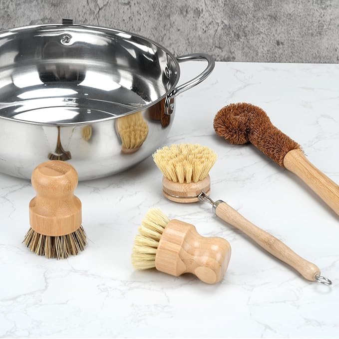 4 Piece Bamboo Dish Brush Set - Bamboo Dish Bottle Brush with Sisal, Dish Scrubber for Kitchen Cleaning Dishes, Pots, Pans