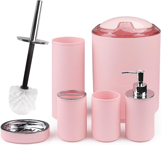 CERBIOR Bathroom Accessories Set Bath Ensemble Includes Soap Dispenser, Toothbrush Holder, Toothbrush Cup, Soap Dish for Decorative Countertop and Housewarming Gift (Pink Spiricle)