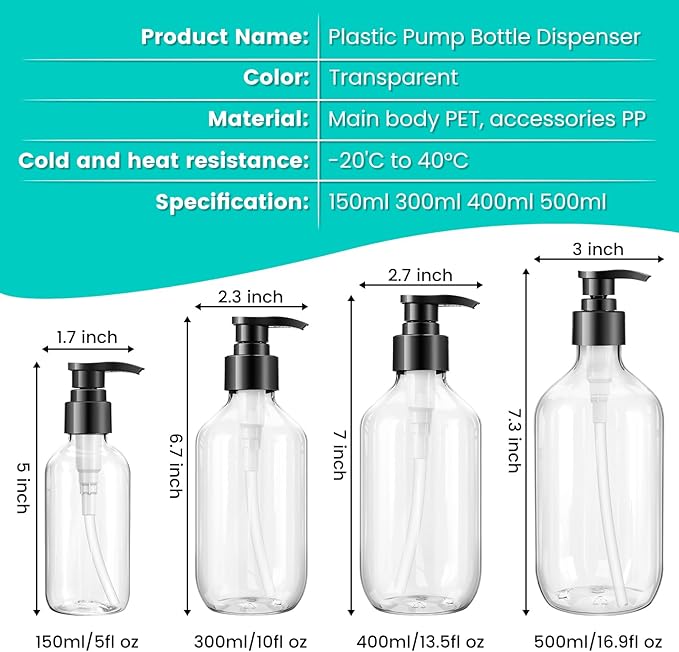 Teyssor Pump Bottle Dispenser Clear 2 Pack 400ml/13.5oz Empty Plastic Liquid Soap Dispensers, BPA-Free Refillable Container for Essential Oil Shampoo Lotion