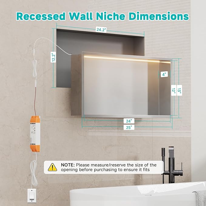 TSIBOMU Stainless Steel Shower Niche with LED Lights 12" x 24" Recessed Wall Niche, No Tile Needed Bathroom Storage Shelf (Brushed)
