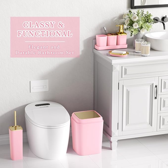 Bathroom Set - Pink Bathroom Sets with Shower Curtain and Rugs, 24PCS Shower Curtain Set with Hooks, Soap Dispenser, Soap Dish, Toilet Brush Holder and Trash Can for Housewarming