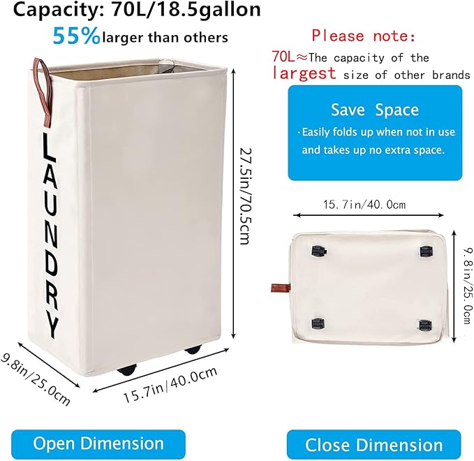 70L Large Rolling Laundry Hamper - Tall Narrow Basket With Wheels, Slim Clothes Bin, 27.5" Beige