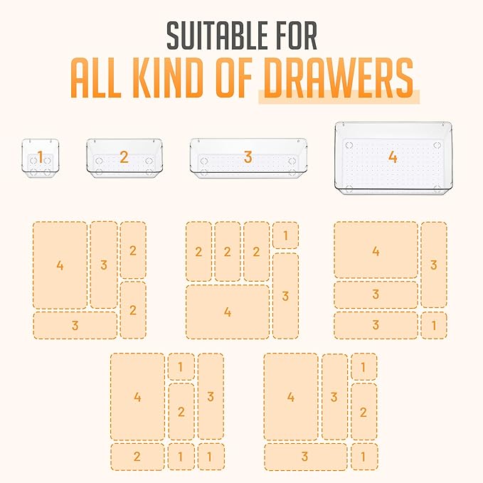 Masirs Clear Drawer Organizer Set - 25 Piece Plastic Storage Bins for Desk, Bathroom, Kitchen, Vanity - Modular Tray System for Makeup, Office Supplies, and Small Item Organization