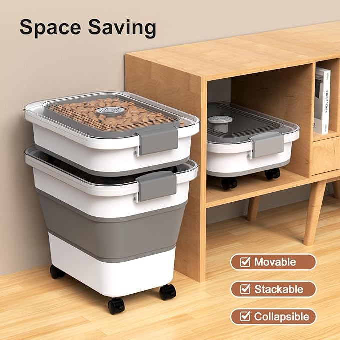 Dog Food Storage Container, 15-23 Lbs Collapsible Dog Food Container with Transparent Airtight Lid, Wheels and Scoop, Travel Pet Food Storage Container for Cat, Dog and Bird, Keep Dry Food Fresh