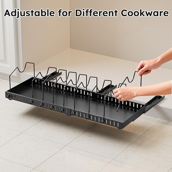 Pull-out Pots and Pans Organizer Under Cabinet - 1 Pack Expandable Pot and Pan Organizer Rack with 12 Adjustable Dividers for Pot, Cutting Board, Dishes, Lid, Baking Tray
