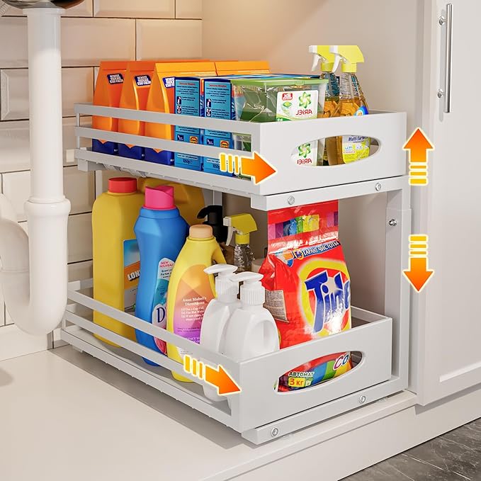 Under Sink Organizer, 2 Tier Under Sink Organizers and Storage, Adjustable Height, Slide out Metal Cabinet Organizers, Pull out Cabinet Storage Drawer Shelf for Kitchen Bathroom White 1Pack