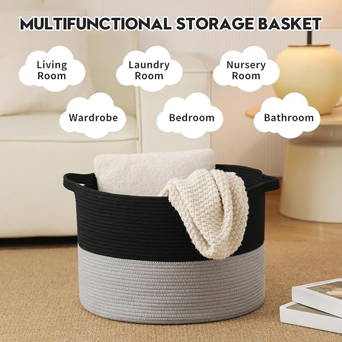 Foldable Laundry Hamper Basket with Collapsible Handle Cotton Rope Soft Woven Fabric Storage Organizer Clothes Toys Nursery Bedroom Dorm Space Saving Bin (Black & Grey, 115L(23.6"D x 15.7"H))
