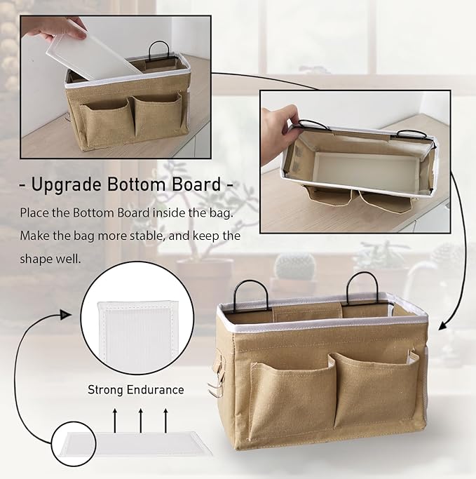 Kanrichu 2pcs Middle Wall Hanging Organizer Bag, Linen Fabric Door Hanging Storage Basket with Pockets, Waterproof Bin for Kitchen, Bedroom, Office, RV Camper (Khaki)