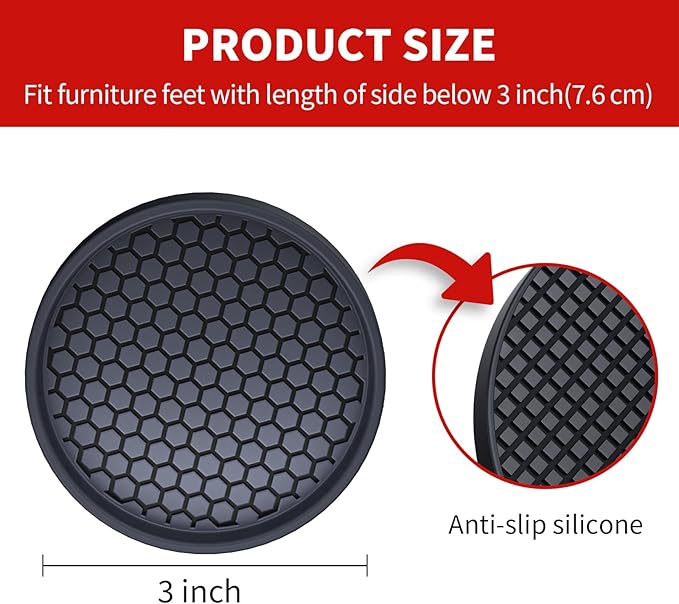 Ezprotekt Non Slip Furniture Pads, 4 Pcs 3" Rubber Caster Cups, Anti Skid Furniture Coasters for Hardwood Floors, No Slide Furniture Gripper, Floor Protector for Bed Couch Furniture Stoppers (Black)