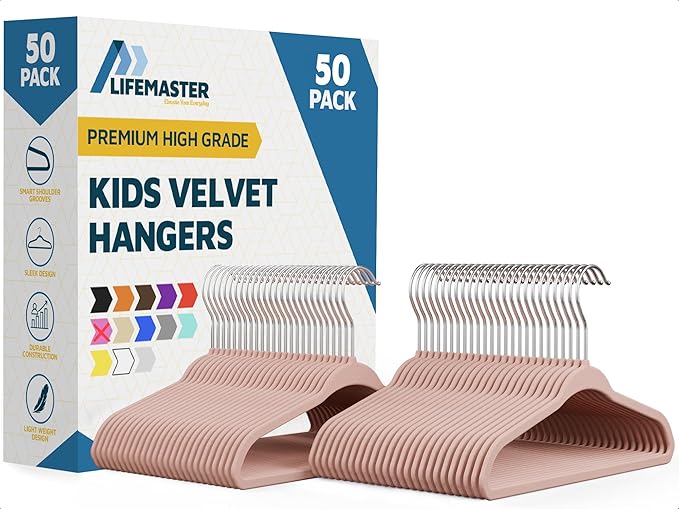 Pink Velvet Kids Hangers 50 Pack, 10.83" Non-Slip Baby & Toddler Hangers for Clothes, Space-Saving Slim ABS Plastic with 360° Swivel Hook & Notched Shoulders, Up to 10 lb Capacity