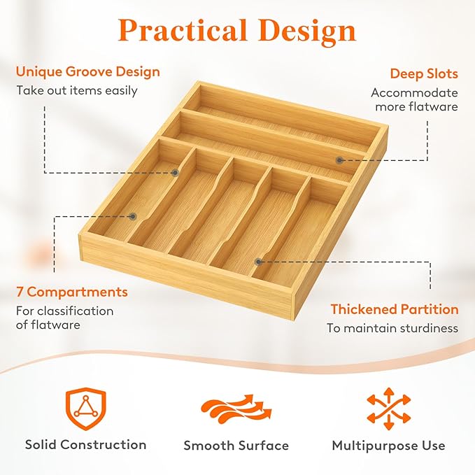 Lifewit Silverware Drawer Organizer, Utensil Tray for Kitchen, Flatware and Cutlery Holder, Storage for Spoons Forks Knives, 33 x 42cm, Natural